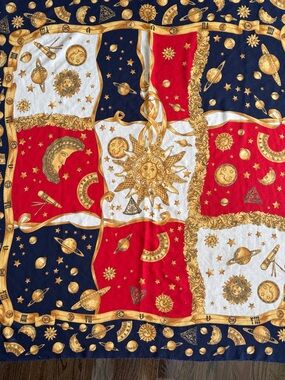 Art of the Scarf Celestial Sun & Planet Print Scarf in Navy, Red & White - 46”